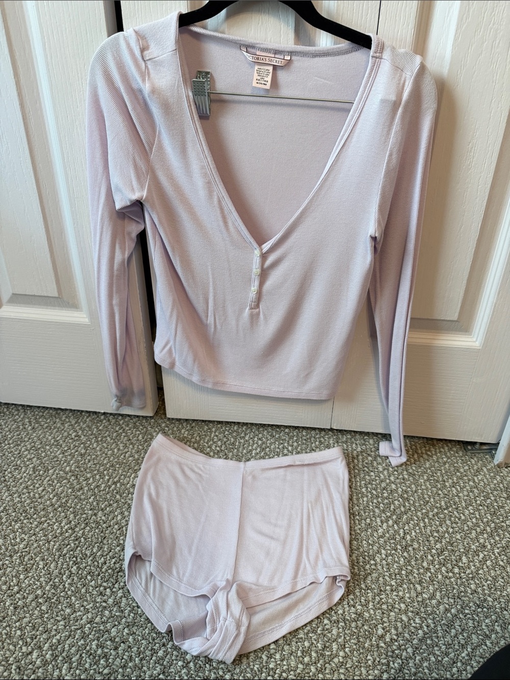 Victoria's Secret Pastel Lavender Long-Sleeve V-Neck Sleep Top & Shorts Set